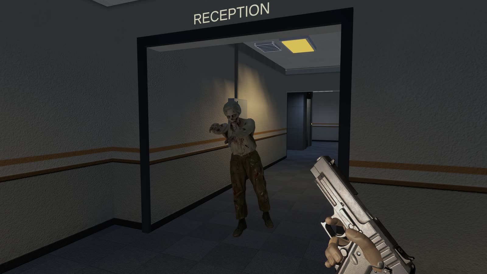 A zombie standing in a doorway marked RECEPTION at the end of a corridor, the player's pistol raised at the right.