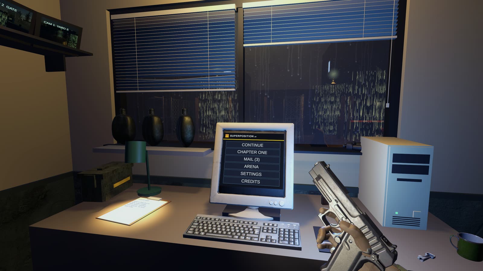 The guard post at night: a CRT monitor showing the game menu on a desk beside a rain-streaked window with blinds, the player's pistol at the right edge.