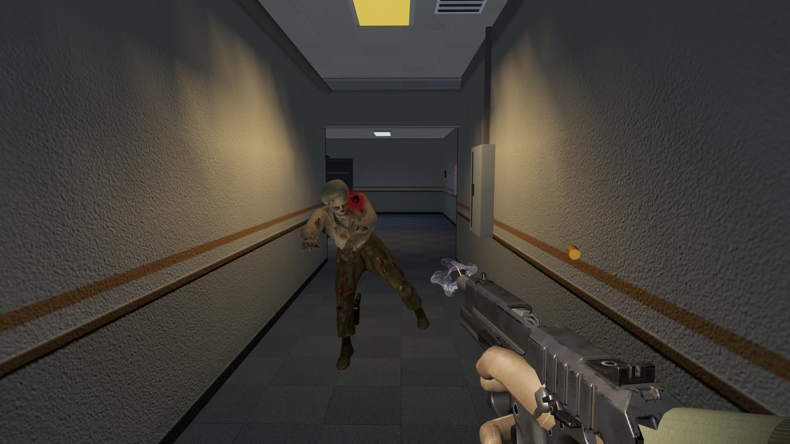 A zombie in a torn jacket staggering down a dim service corridor toward the player, a red hit mark on its head, the player's pistol raised in the foreground.