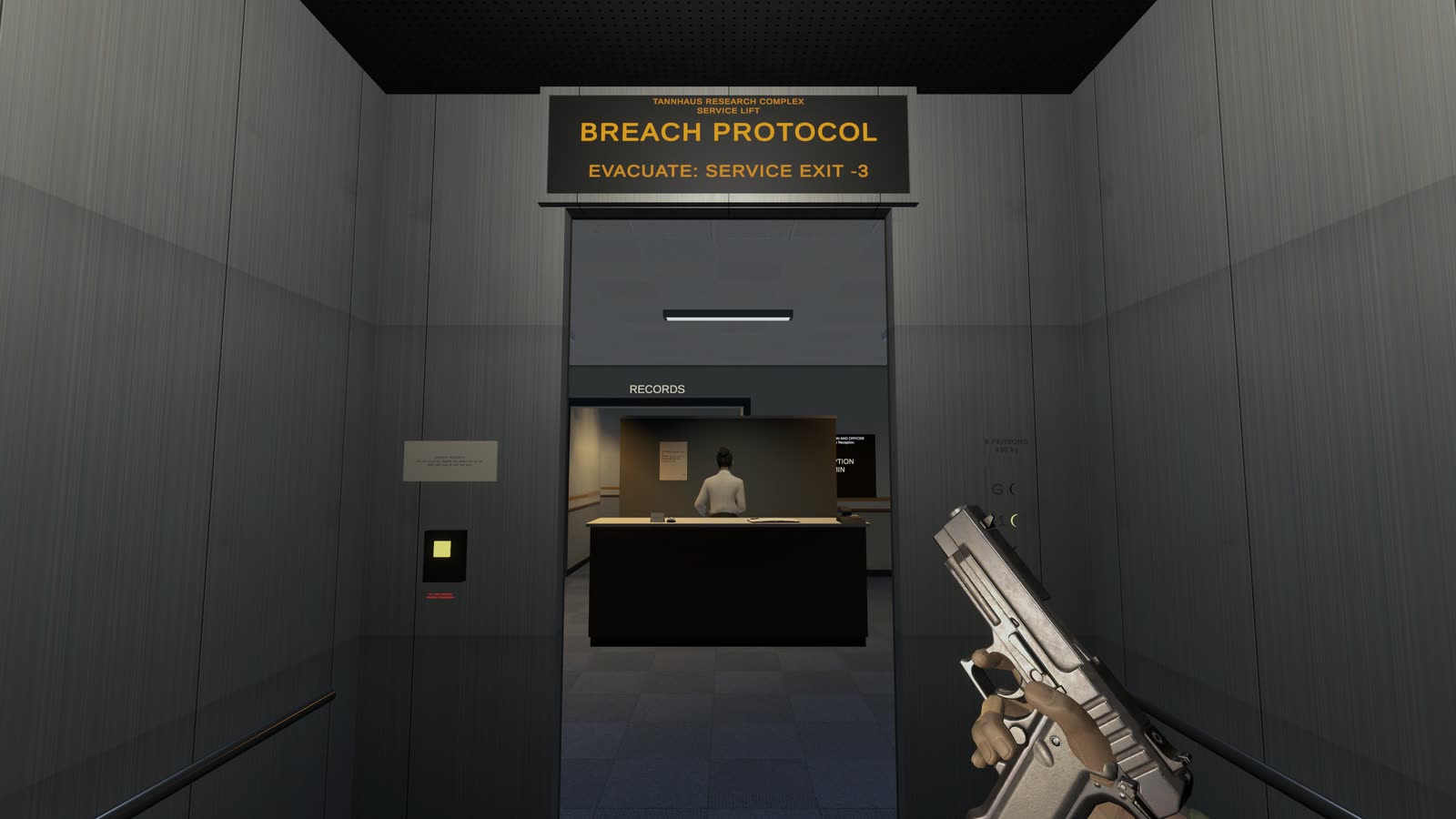 A corridor ending at a Breach Protocol sign reading Evacuate: Service Exit -3, a records desk with a figure behind it and the player's pistol at the right.