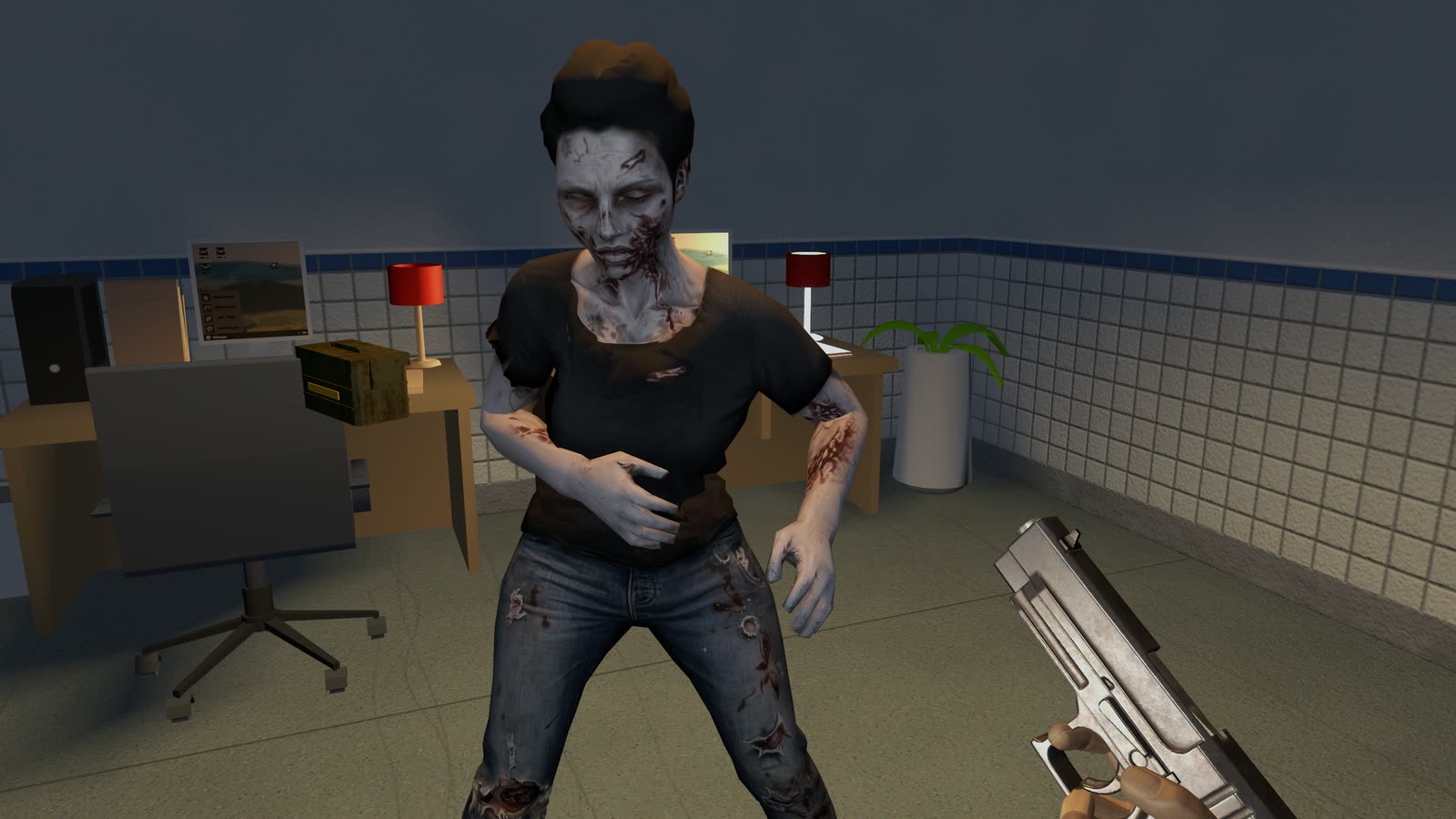 A zombie in a black t-shirt and torn jeans lurching across a reception office toward the player, a desk with red lamps behind her and the player's pistol at the edge of frame.