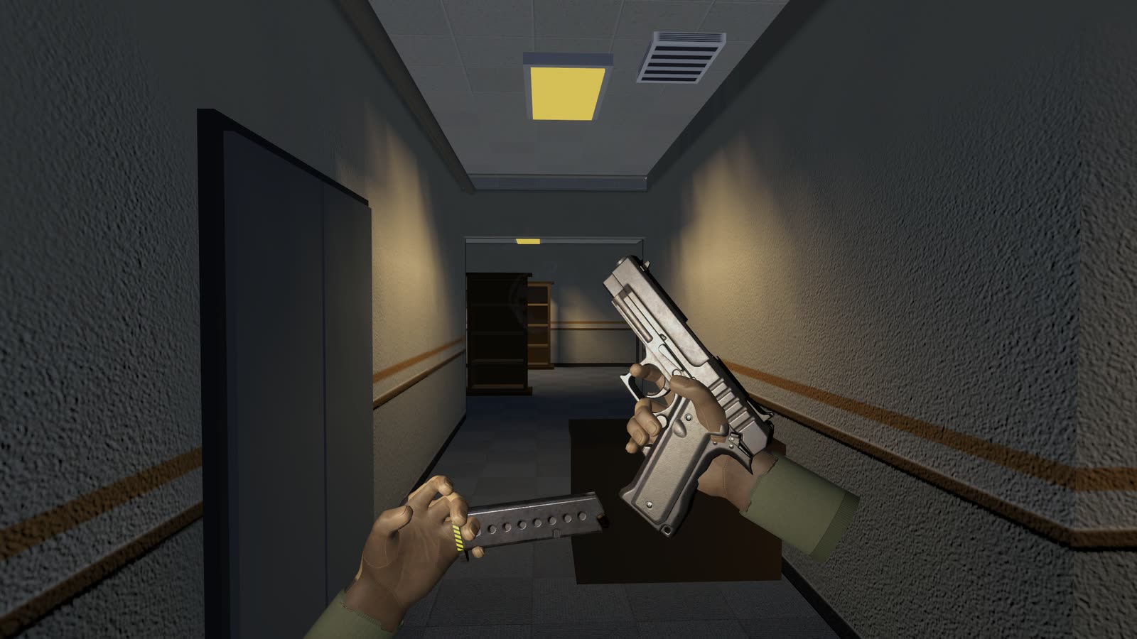 The player's hands seating a fresh magazine into a pistol in a dim corridor, an open doorway to the left.
